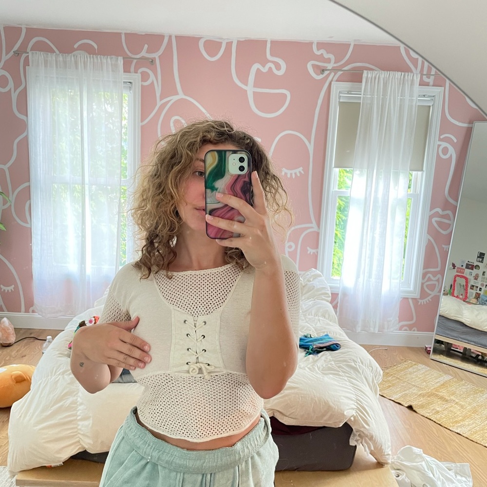 Vintage cream lace up tshirt